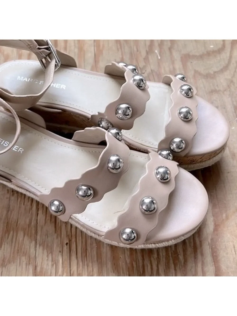 Marc Fisher Women’s Lite Latte Faythe Cork Platform Silver Studded Sandal 8.5
